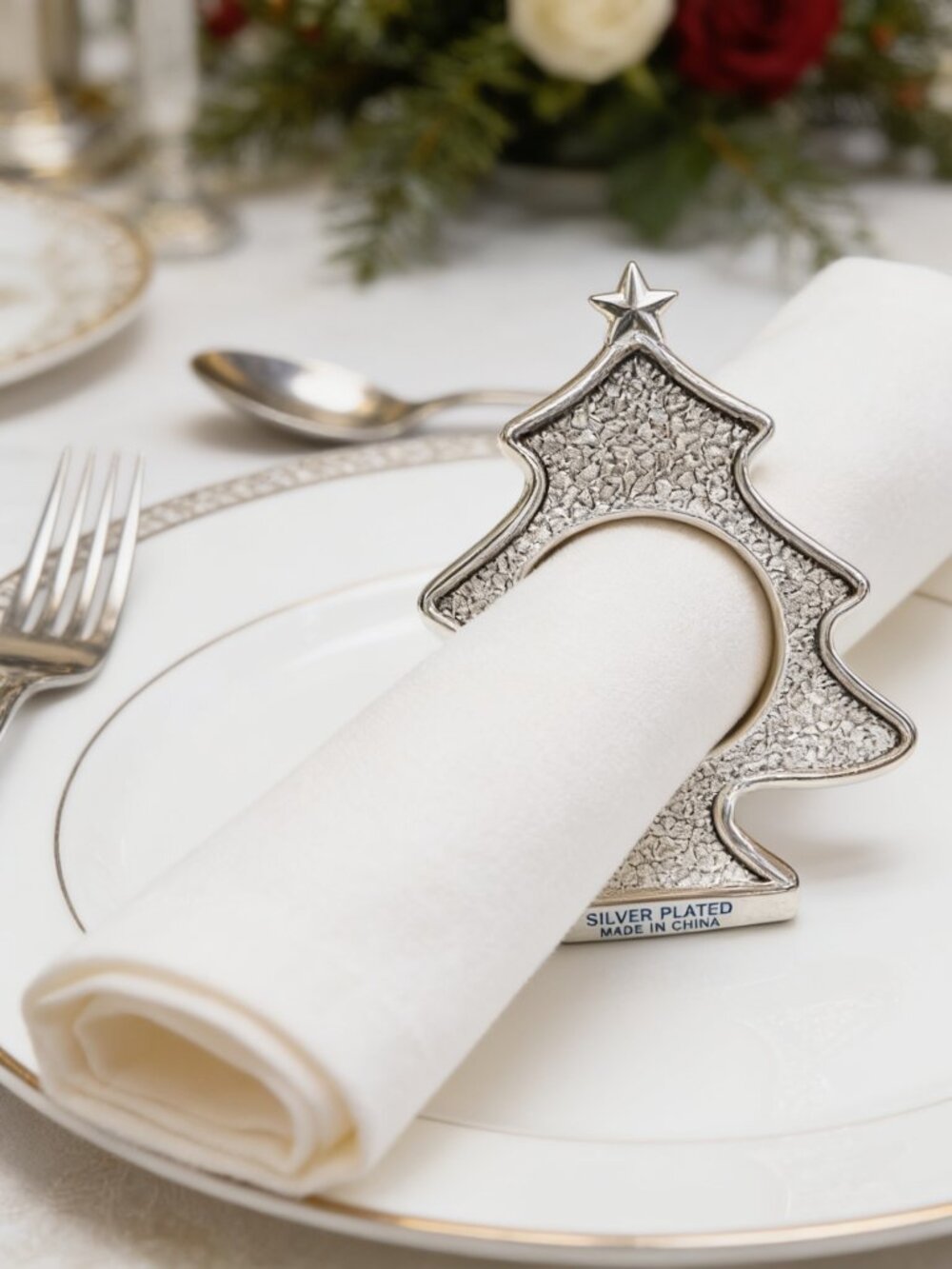 4pc Napkin Rings Silver-Plated Christmas Tree by Wallace Silversmiths